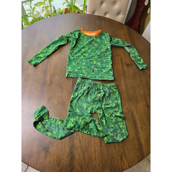 Minecraft Kids Pajama Set Creeper Design Long Sleeve & Pants Green Pixelated Pri - Picture 2 of 5